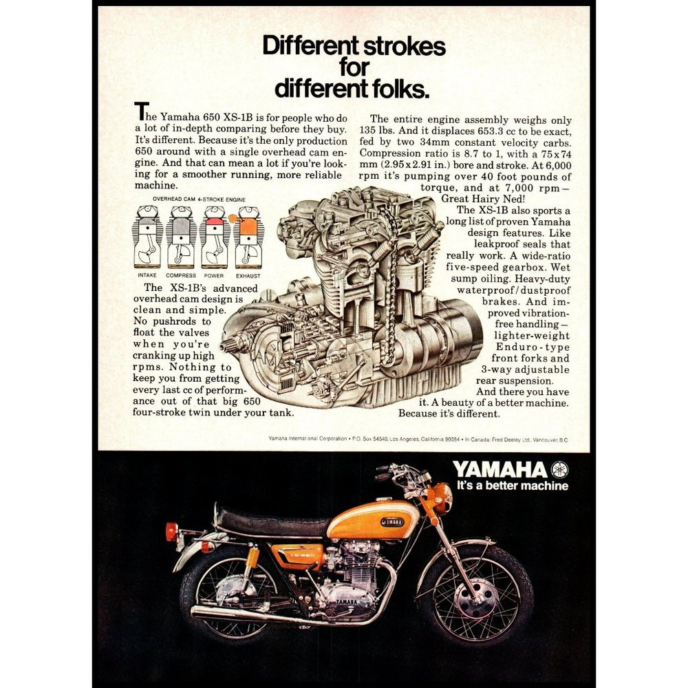 1971 Yamaha 650 XS-1B Motorcycle Vintage Print Ad Street Bike Man Cave Wall Art